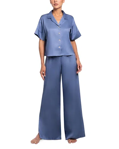 Midnight Bakery Satin Shirt & Pants Pajama Set In Blue
