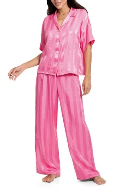 Midnight Bakery Stripe Jacquard Button-up Top & Pants Pajamas In Pink