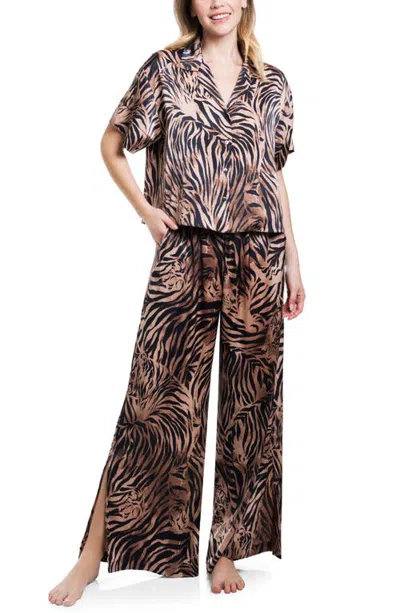 Midnight Bakery Tiger Print Satin Pajamas In Brown