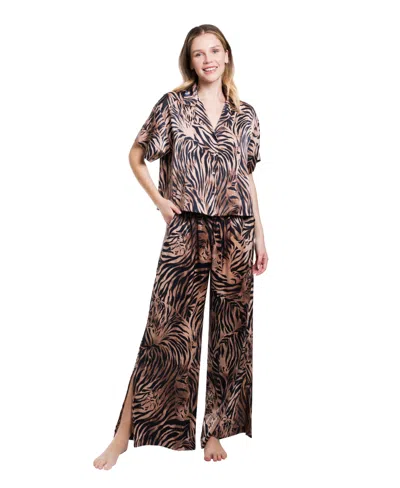 Midnight Bakery Women's Hidden Cat Short-sleeve Satin Pajama Set In Brown