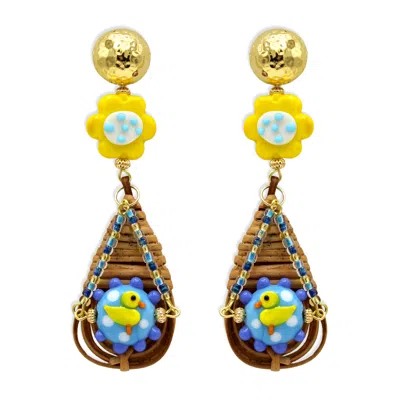 Midnight Foxes Studio Women's Blue / Yellow / Orange Nesting Ducks Earrings In Gold