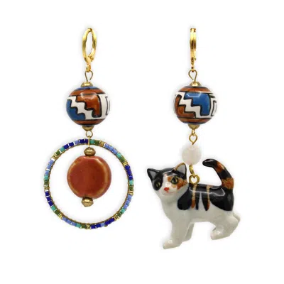 Midnight Foxes Studio Women's Brown / Gold / Blue Calico Cat Gold Earrings In Multi