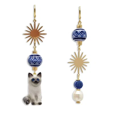 Midnight Foxes Studio Women's Gold / Blue Ragdoll Cat Gold Earrings In Gray