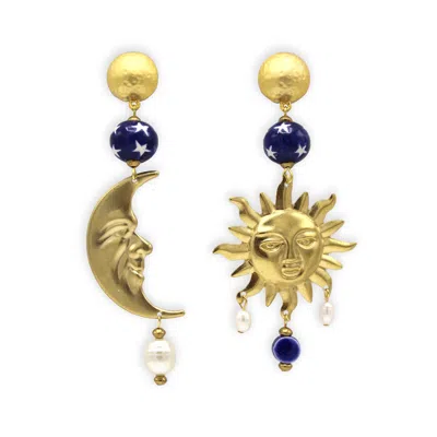 Midnight Foxes Studio Women's Gold / Blue Sun & Moon Maxi Gold Earrings