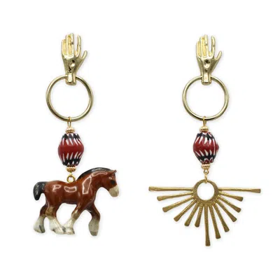 Midnight Foxes Studio Women's Gold / Brown Brown Horse & Sun Gold Earrings In Gold/brown