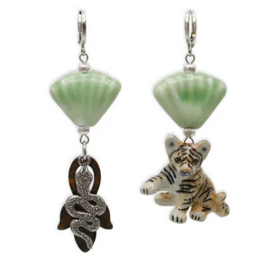 Midnight Foxes Studio Women's Silver / Green / Brown Baby Tiger & Snake Silver Earrings In Multi