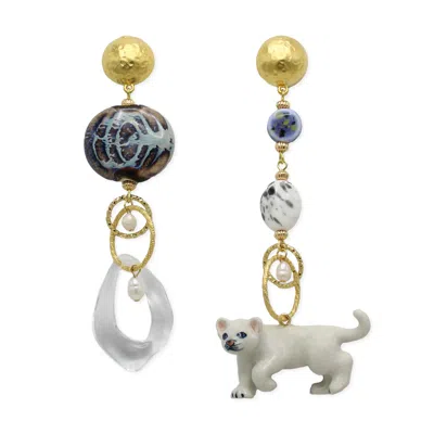 Midnight Foxes Studio Women's White / Gold / Blue White Lion Cub Gold Earrings In Multi