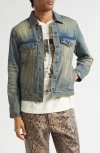 Midnight Rodeo Distressed Vintage Wash Denim Trucker Jacket In Blue