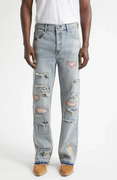 Midnight Rodeo Texoma Distressed Patchwork Flare Leg Jeans In Blue