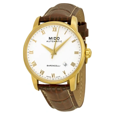 Mido Baroncelli Automatic White Dial Brown Leather Men's Watch M86003268 In Brown / Gold / Gold Tone / Skeleton / White / Yellow