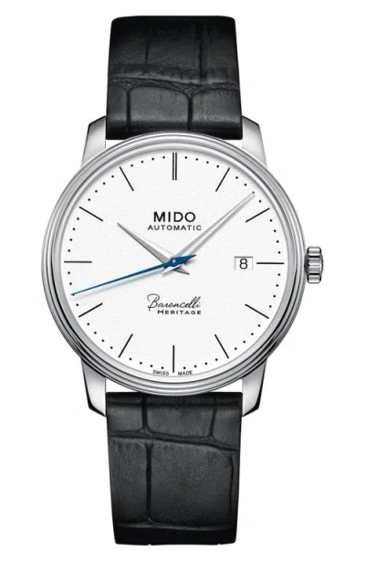 Mido Baroncelli Heritage Automatic Leather Strap Watch, 39mm In Black/white/silver