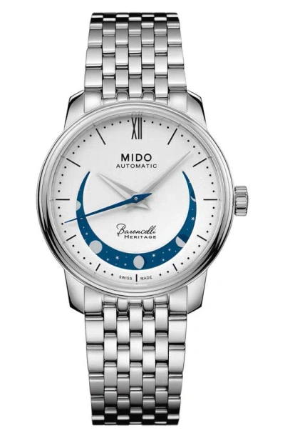Mido Baroncelli Heritage Smiling Moon Bracelet Watch, 33mm In Silver/ White