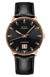 Mido Commander Ii Skeleton Leather Strap Watch In Black/rose Gold
