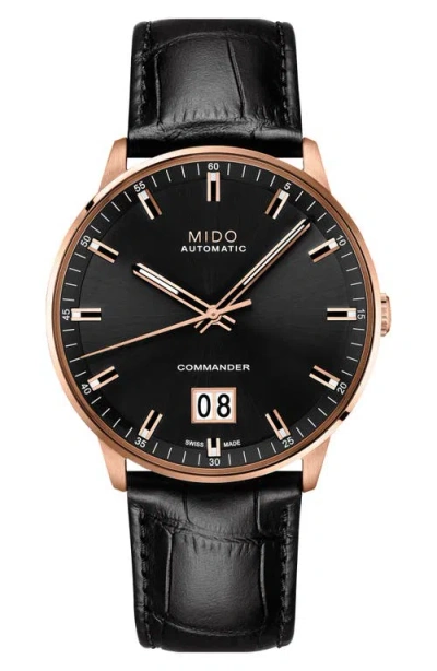 Mido Commander Ii Skeleton Leather Strap Watch In Black/rose Gold