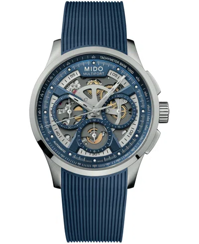 Mido Men's Swiss Automatic Multifort Skeleton Chronograph Rubber Watch, 43mm In Blue