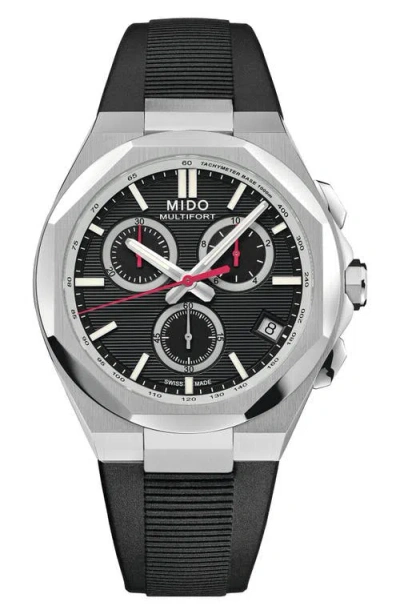 Mido Multifort 8 One Crown Chronograph Automatic Rubber Strap Watch, 40mm In Black