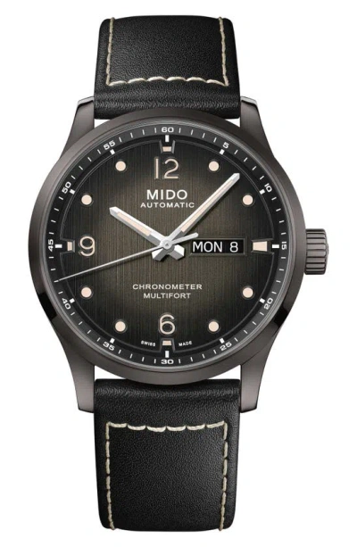 Mido Multifort Automatic Leather Strap Watch, 42mm In Black / Grey