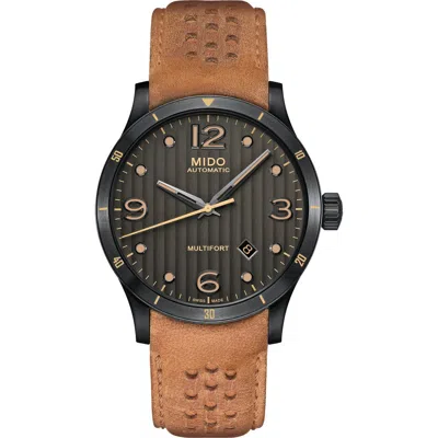 Mido Multifort Automatic Leather Strap Watch, 42mm In Tan/grey/gunmetal