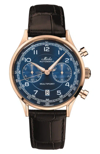 Mido Multifort Patrimony Chronograph Leather Strap Watch In Blue/brown