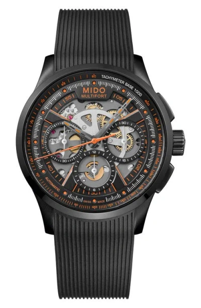 Mido Multifort Skeleton Black Chronograph Automatic Rubber Strap Watch, 43mm In Red