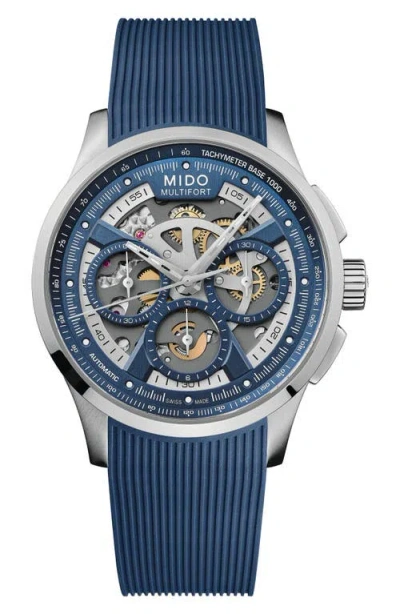 Mido Multifort Skeleton Chronograph Automatic Rubber Strap Watch, 43mm In Yellow