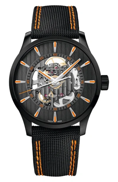 Mido Multifort Skeleton Vertigo Automatic Webbing Strap Watch, 42mm In Black