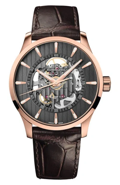 Mido Multifort Skeleton Vertigo Rose Gold Tone Automatic Leather Strap Watch, 42mm In Red