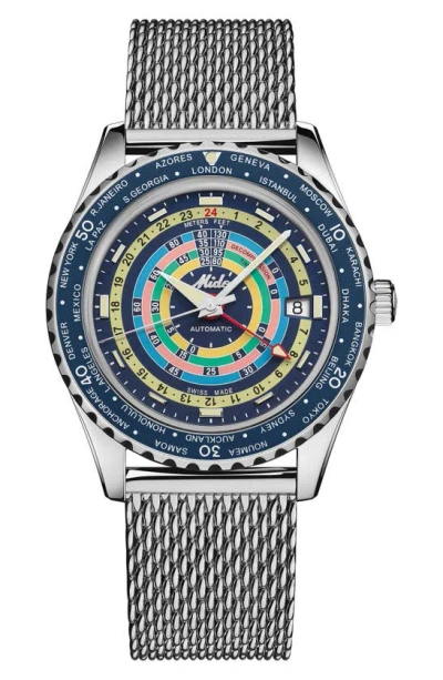 Mido Ocean Star Decompression Worldtimer Bracelet Watch & Rubber Strap Gift Set, 40.5mm In Blue