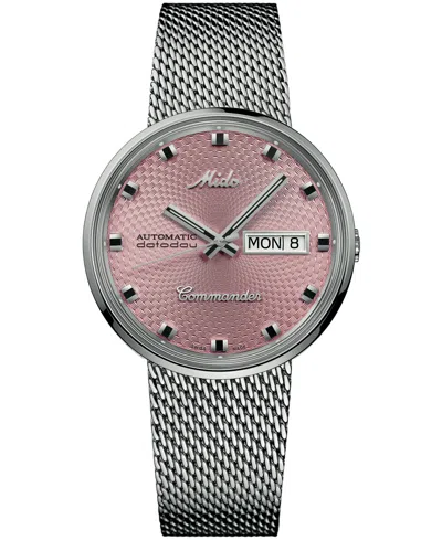 Mido Swiss Automatic Commander 1959 Day/date Water-resistant Stainless Steel Milanese Mesh Bracelet, 37mm In Salmon