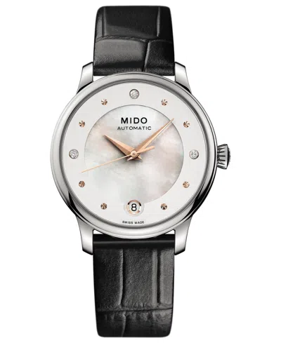 Mido Women's Swiss Automatic Baroncelli Ii Diamond-accent Black Synthetic Leather Strap Watch 27.9mm