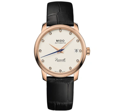 Mido Women's Swiss Automatic Baroncelli Iii Heritage Diamond (1/10 Ct. T.w.) Black Leather Strap Watch 33 In Ivory