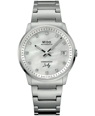 Mido Women's Swiss Automatic Commander Mother Of Pearl Dial With Diamond Hour Markers Stainless Steel Wat In White
