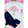 Midwest Tees Women's Pink Ribbon Tree Tee With Black Jogger Set In White In White
