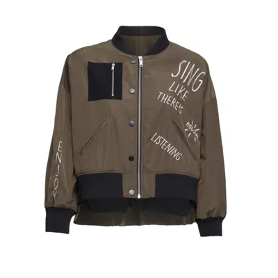 Mier Women's Green Embroidery & Patch Detailed Tokyo Bomber Jacket