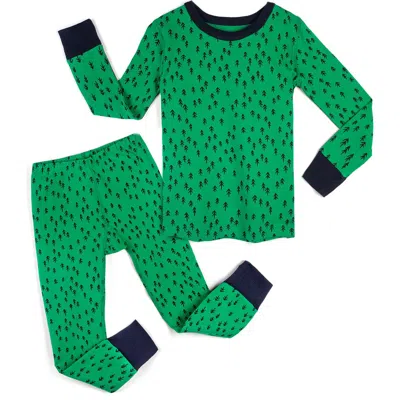 Mightly 100% Organic Cotton Print Long Sleeve Snug Fit Kids Pajamas In Evergreen Forest
