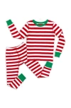 Mightly 100% Organic Cotton Stripe Long Sleeve Snug Fit Kids Pajamas In Red Stripe