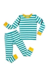 Mightly 100% Organic Cotton Stripe Long Sleeve Snug Fit Kids Pajamas In Teal Stripe