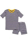Mightly 100% Organic Cotton Stripe Shortie Snug Fit Kids Pajamas In Navy Stripe