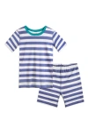 Mightly 100% Organic Cotton Stripe Shortie Snug Fit Kids Pajamas In Periwinkle Stripe