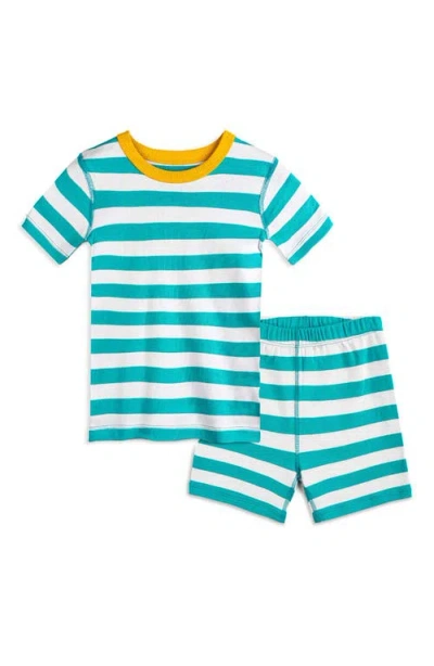 Mightly 100% Organic Cotton Stripe Shortie Snug Fit Kids Pajamas In Teal Stripe
