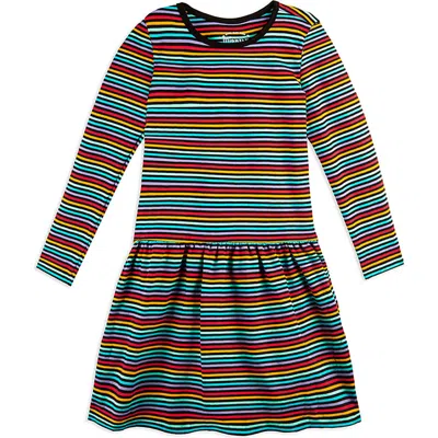 Mightly Kids'  Organic Cotton Long Sleeve Drop Waist Tier Dress In Jewel Stripe