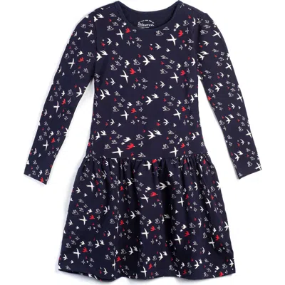 Mightly Kids'  Organic Cotton Long Sleeve Drop Waist Tier Dress In Migrating Birds