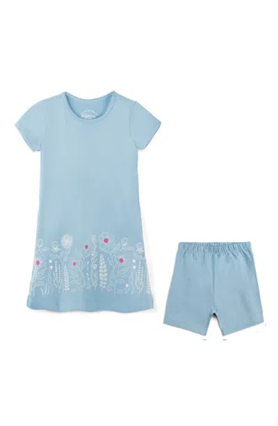 Mightly Babies'  Organic Cotton Short Sleeve T-shirt Dress & Biker Short 2-piece Set In Blue