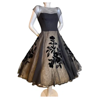 Pre-owned Mignon 1950s  Black Silk Chiffon Party Dress W Structured Bodice & Full Skirt