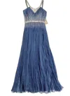 Mignon Silk Grecian Beaded Crystals Gown In Carbon Blue In Multi