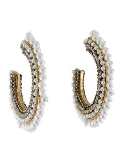 Pre-owned Mignonne Gavigan Faux Pearl & Crystal Mini Fiona Hoop Earrings In White