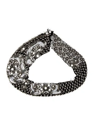 Pre-owned Mignonne Gavigan Faux Pearl Bead & Fabric Collar Necklace, 27" In Black/white