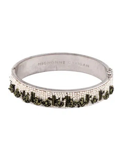 Pre-owned Mignonne Gavigan Faux Pearl Beaded Embroidered Cactus Hinged Bangle, 7" In Black/green/white