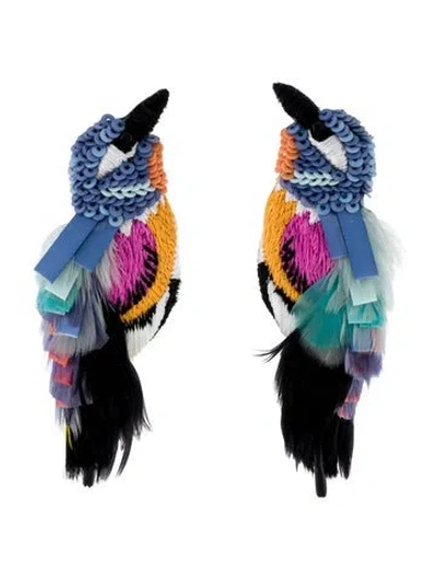 Pre-owned Mignonne Gavigan Feather, Sequins & Leather Bird Drop Earrings In Multi