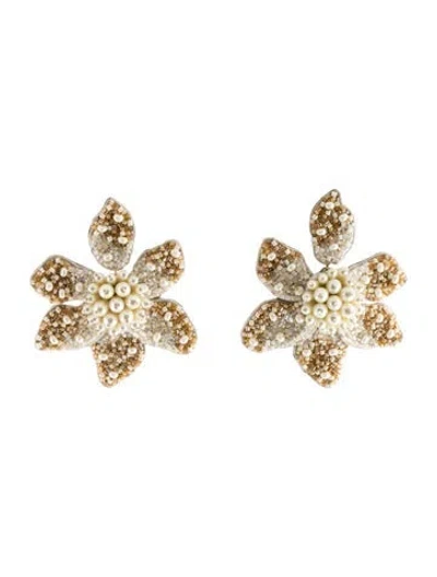 Pre-owned Mignonne Gavigan Leather, Faux Pearl, & Bead Camelia Floral Drop Earrings